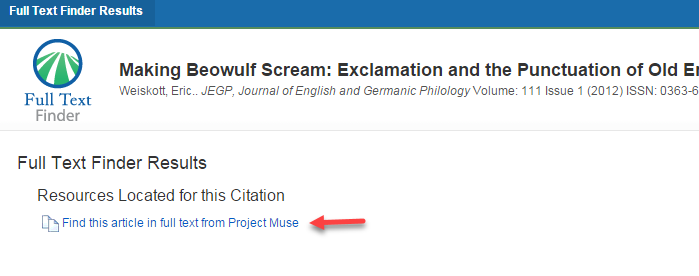 Full Text Finder Results page with arrow pointing to link titled Find this article in full text from Project Muse at the bottom of the page.