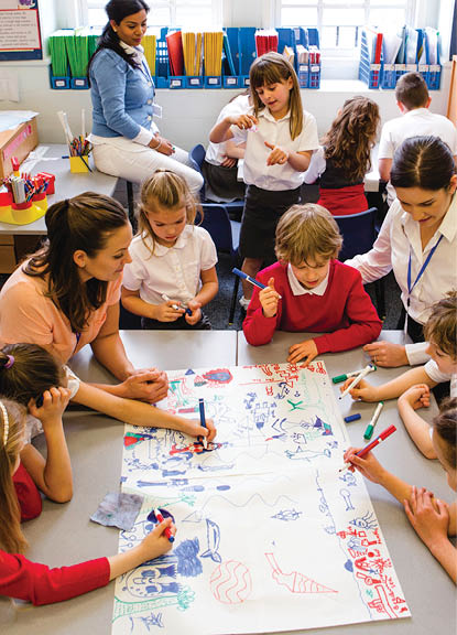 A large group of children are sitting around two desks in a classroom with teachers supervising  They are being creative drawing pictures and brainstorming on a large sheet of paper  The image has been shot from above and the children and students look happy 