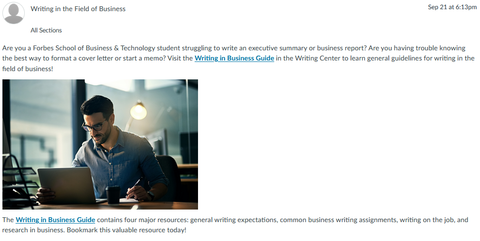 Writing in Business Guide HTML Announcement